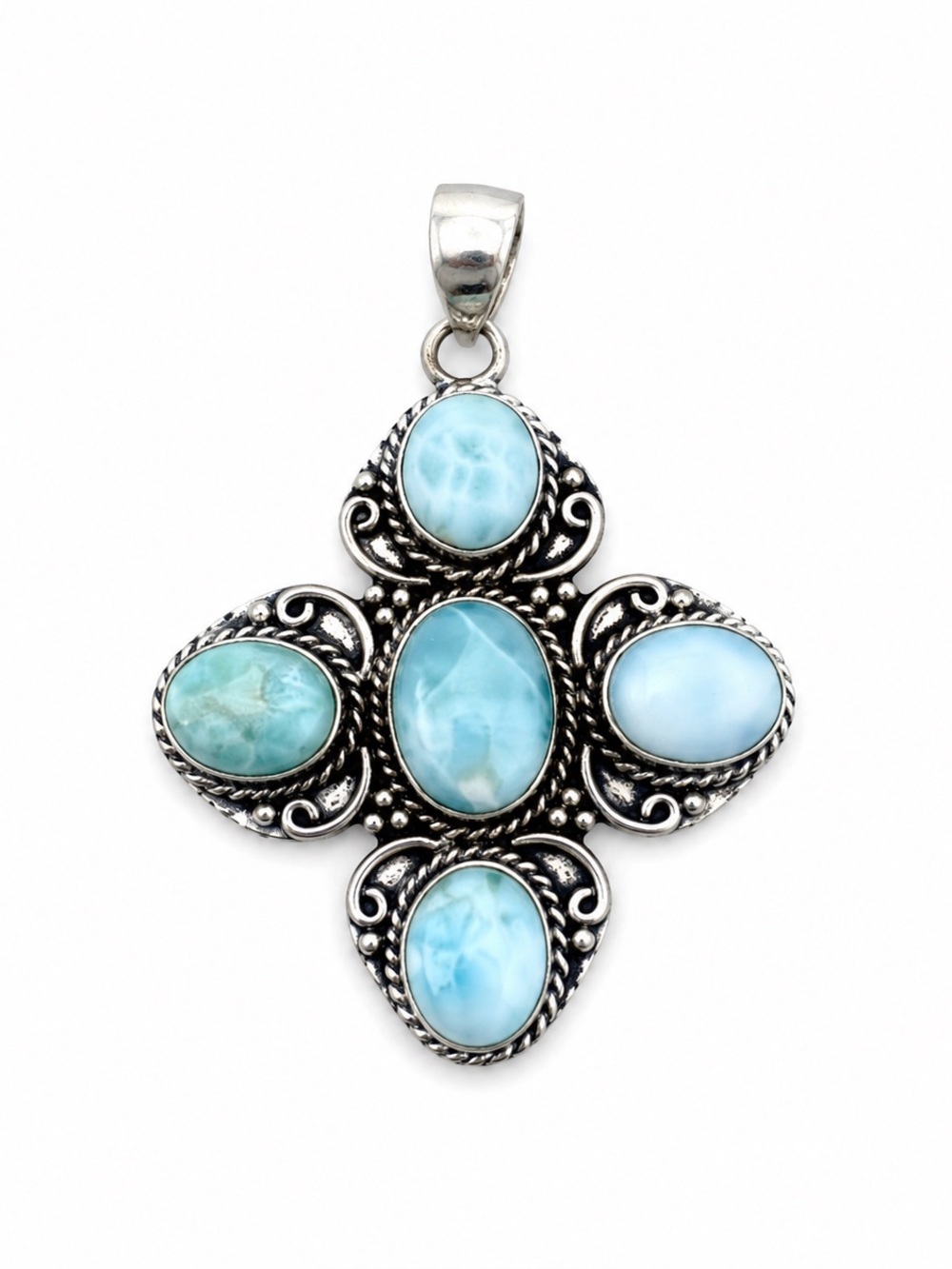 Sterling Silver Larimar Cross Pendant - Light Blue Gemstone